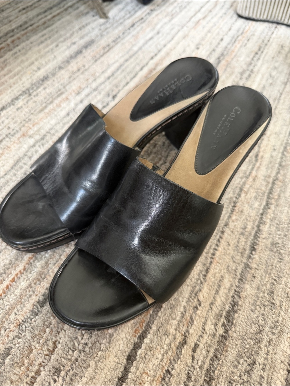 Cole Haan Black Leather Open-Toe Slide Heels